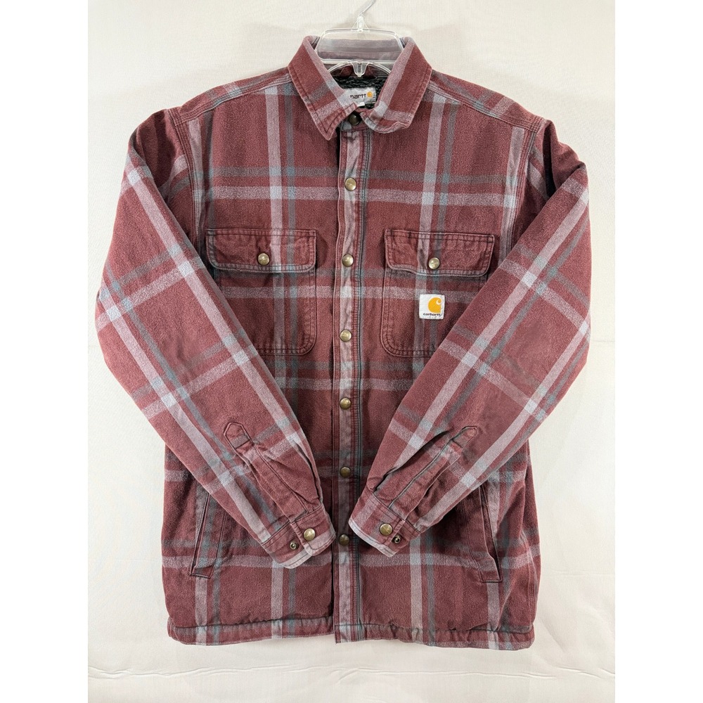 Carhartt Mens Sherpa Lined Flannel Shirt Jacket Red Plaid Medium